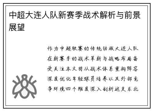 中超大连人队新赛季战术解析与前景展望